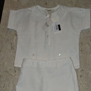 Nicoli White Ribbed Cotton Kids Top and Shorts Set